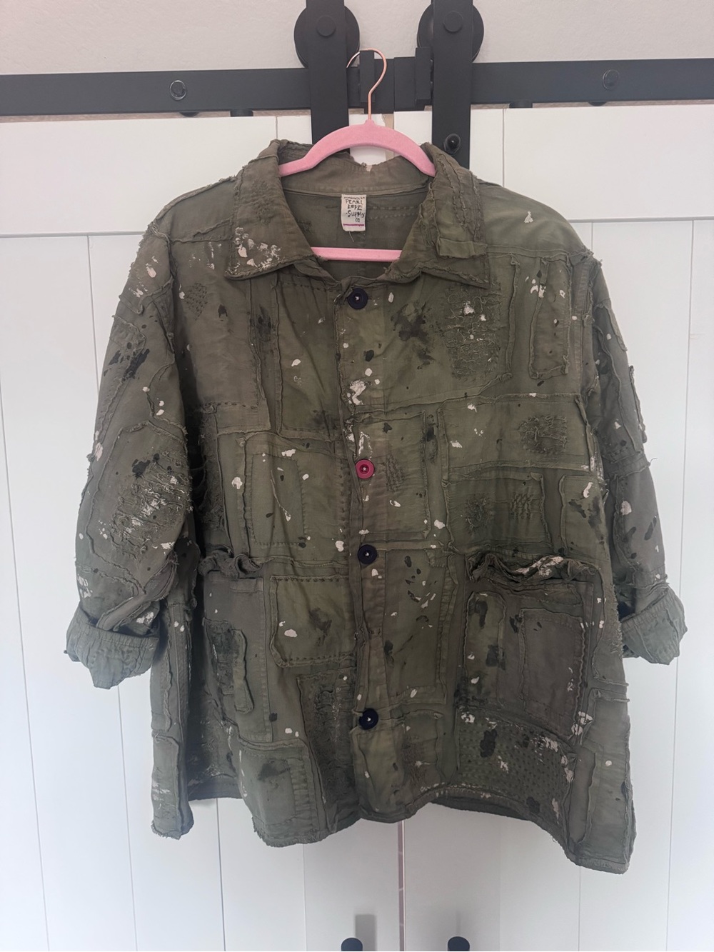 Magnolia Pearl strawberry Fields Olive Patchwork PaintSplatter Utility Jacket OS - Picture 2 of 6